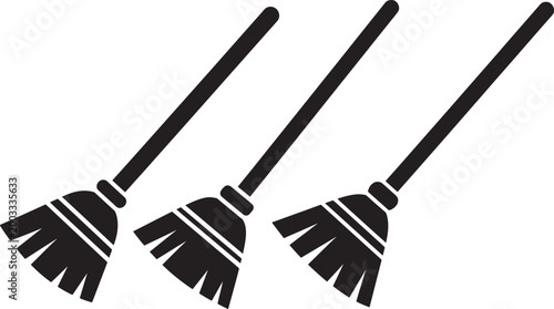 Broom icon set vector silhouette for cleaning