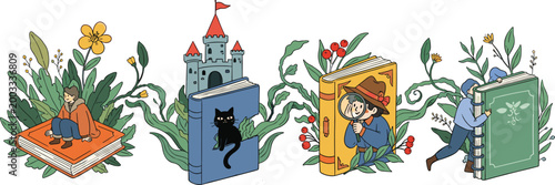 Whimsical Fairy Tale Books with Magical Characters Castle Flowers and Enchanted Storytelling World Illustration