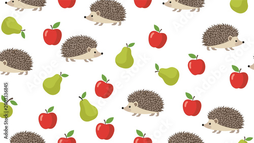 Adorable seamless pattern showcasing cute hedgehogs walking among bright red apples and green pears on a crisp white background.