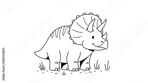 Simple black and white line drawing of a friendly triceratops dinosaur standing in a field of grass on a plain white background.