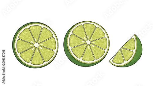Detailed illustrations of fresh green lime cross-sections and a wedge showing juicy pulp and rind on a clean white background.