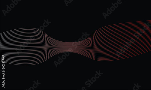 Abstract flowing red and white wave lines on black background, dynamic gradient curves forming modern futuristic digital soundwave or data stream design
