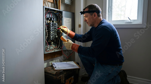 Professional electrician performing electrical maintenance and repair on a residential circuit breaker panel using a multimeter and safety equipment for home wiring inspection and power service.