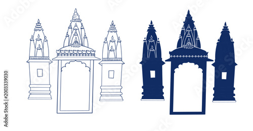 dham temple India building hand drawn vector ink traditional oriental asian Indian design isolated
