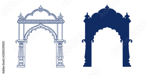 arc gate India building hand drawn vector ink traditional oriental asian Indian design isolated