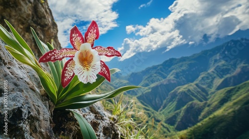 Orchid on mountain cliff, scenic view