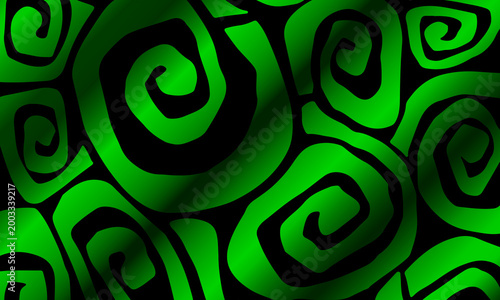 Abstract black and green hand drawn spiral pattern background. primitive tribal art.