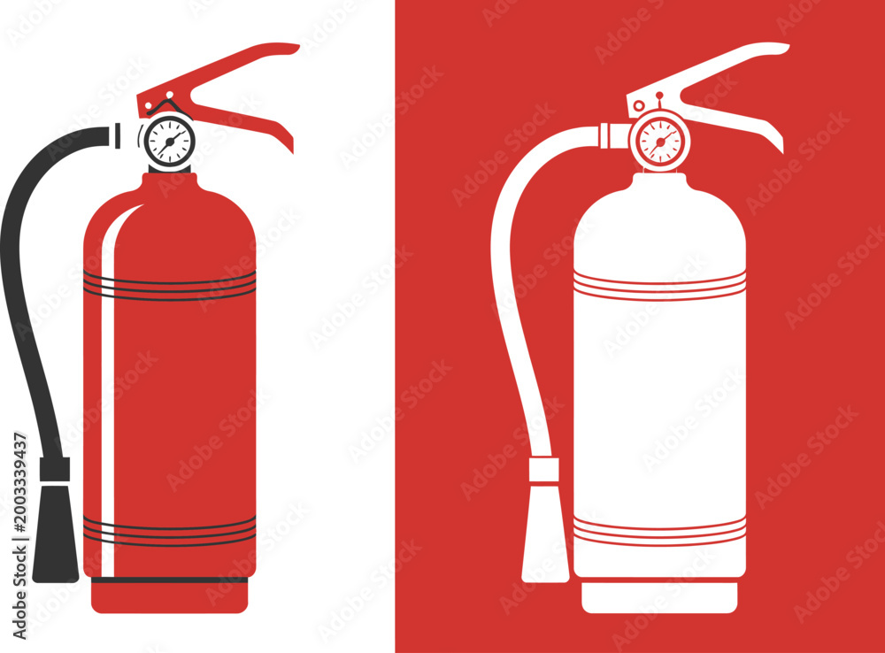 Obraz premium Fire extinguisher icon set, vector collection of safety signs and extinguisher symbols isolated on white background for emergency equipment and hazard signage design.