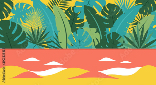 Tropical leaves flat vector background with abstract summer beach sand dunes.