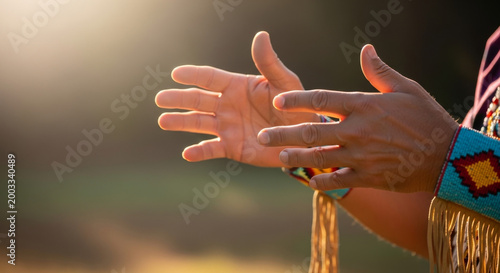 Native storyteller hand gestures showing expressive movement during a cultural performance. This close up captures the oral tradition and intangible heritage of indigenous storytelling.