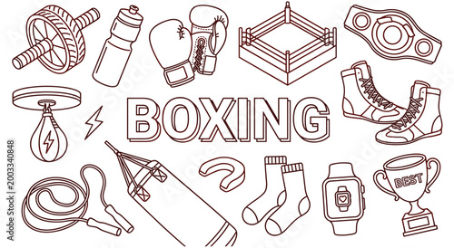 Foto Detailed monochrome outline boxing equipment set including gloves punching bag jump rope ring watch mouthpiece and trophy cup for martial arts training gym promotions and coloring materials