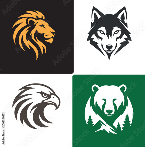 Minimal Animal Logo Set Lion Wolf Eagle Bear Modern Vector Wildlife Branding Icons Collection