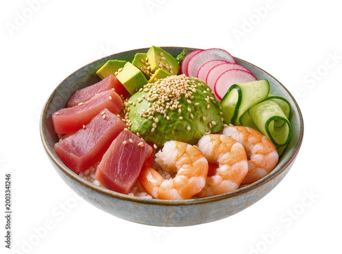 Obraz na płótnie Isolated fresh colorful poke bowl with tuna, shrimp, avocado, cucumber, radish,