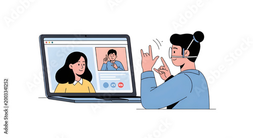 Sign language video call illustration, a woman in a headset signs to other people on a laptop screen, accessible communication, online learning for the deaf. Communicate during a video call on her lap