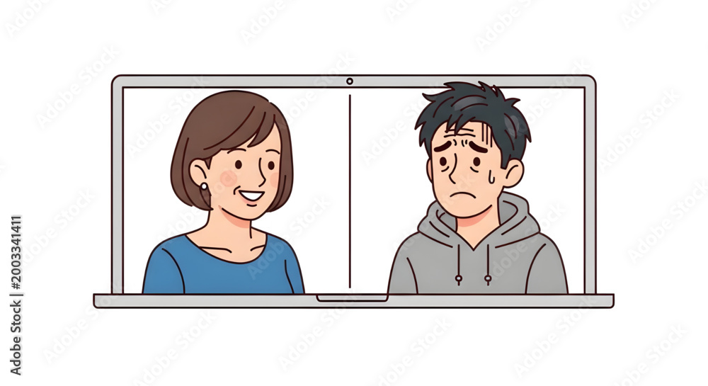 Fototapeta premium Stressed young man and a smiling woman on a video call on a laptop screen. The man looks exhausted and rubbing his temples, On the right, a young man with messy dark hair, a grey hoodie,