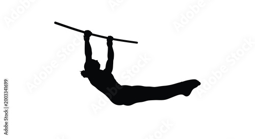 Gymnast silhouette performing on horizontal bar against white background