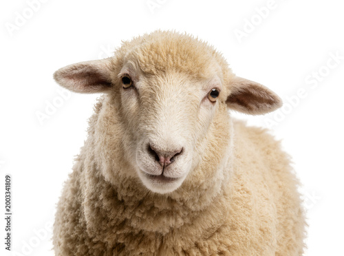 Quadro em tela Isolated young sheep headshot looking directly at camera, fluffy woolly coat, st