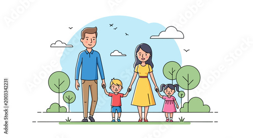 A cartoon family walking hand in hand.