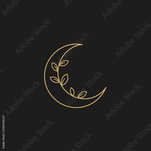 Golden crescent moon with leafy vine.