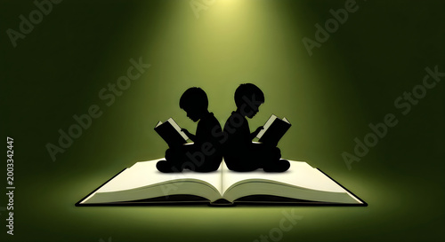 Silhouettes of two children reading on a large book