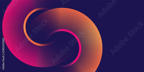 Dark abstract background with glowing orange and pink circle lines. Modern shiny blue geometric lines pattern. Futuristic technology concept. Suit for poster, banner, brochure, corporate