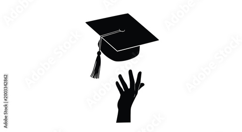 Graduation cap silhouette with hand throwing it isolated on white