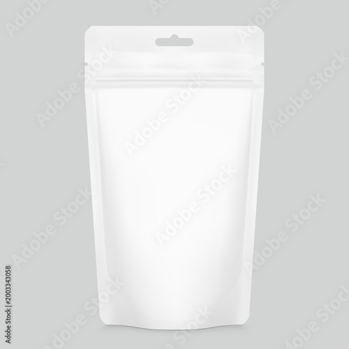 Realistic stand up pouch bag with hang slot mockup. Front view. Vector illustration isolated on grey background. Ready for your design. Scalable without lose quality. EPS10.