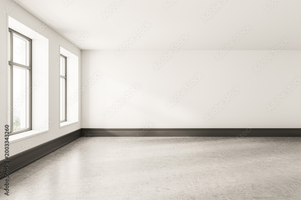 Fototapeta premium Empty interior room with minimalist architecture shown in clean realistic style on bright neutral background, concept of space and clarity, 3D Rendering