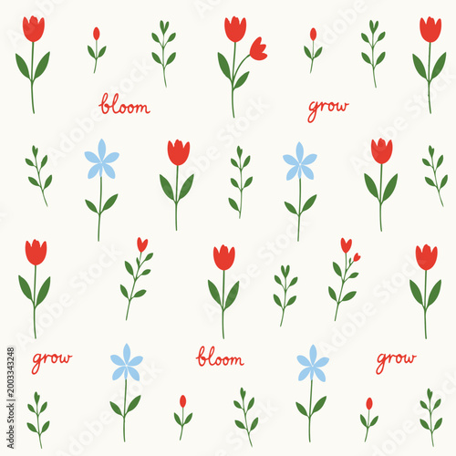 Bloom Grow Flowers Floral Blooming Blossom Red White Blue Green Botanical Blossom Flower Pattern Spring Summer Vector Print Pattern