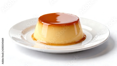 creamy french crème caramel dessert on white plate minimalist food photography