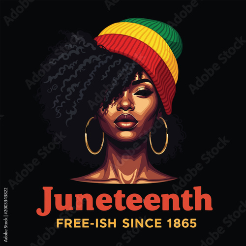 Juneteenth celebration empowering portrait of black woman with rasta colors freedom message