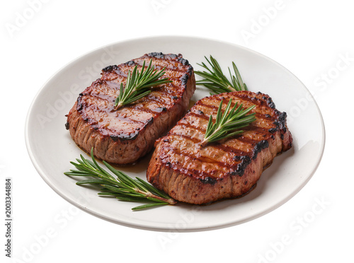 Bild auf Leinwand Isolated perfectly grilled beef steaks with fresh rosemary on a ceramic serving plate