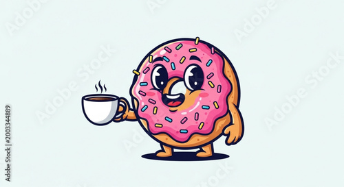 Tableau sur toile Cartoon donut character happily holds steaming coffee cup with colorful sprinkle