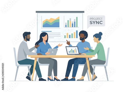 A professional team of business people and managers works around an office table with laptops and technology in this vector illustration of a productive meeting room presentation