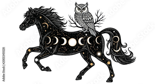Celestial horse with owl and moon phases