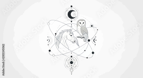 Mystical celestial art with horse, owl, moon, and geometric shapes