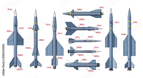 Collection of illustration of various types of missiles.