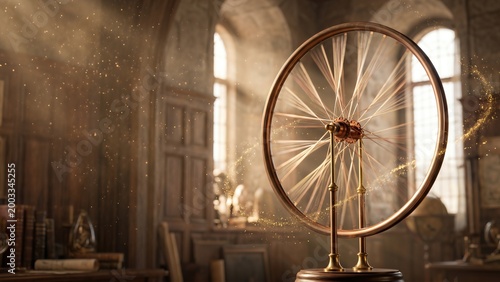 Vintage spinning wheel with golden dust in a cozy library setting