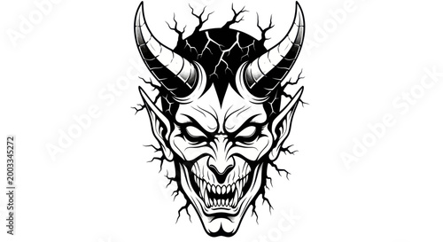 Fiery demon head illustration on white