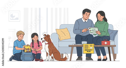 Family with dog at home indoors.