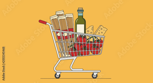 Shopping cart with grocery items inside.