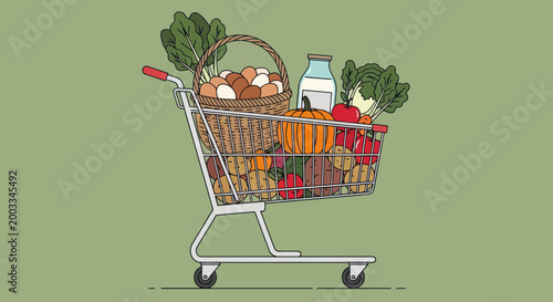 Shopping cart with fresh food items.
