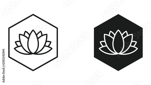 Minimalist lotus flower icon in hexagonal frame