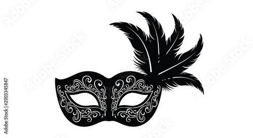 Venetian mask with feathers black silhouette on white background