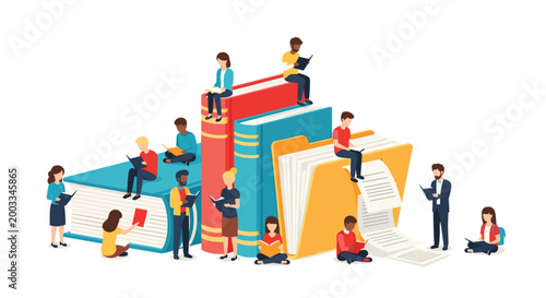 Diverse group of people reading books and documents while sitting on large educational volumes in a brightly lit studio environment with soft neutral tones.