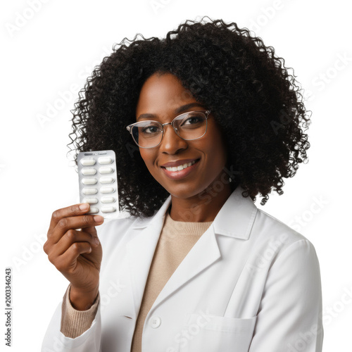 A black female pharmacist in her mid-30s with curly hair and glasses, wearing a white lab coat and holding a medicine blister pack healthcare service concept