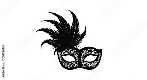Black feathered masquerade mask silhouette on white background