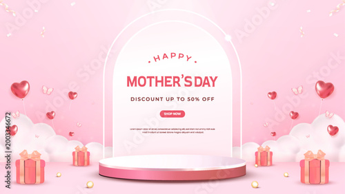 Canvastavla Pink Mothers Day Sale Banner with Podium and Heart Balloons