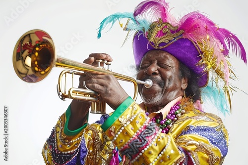 An elderly trumpet player with a colorful hat plays a trumpet with a bright and joyful smile. Capturing the essence of a spirited performance.