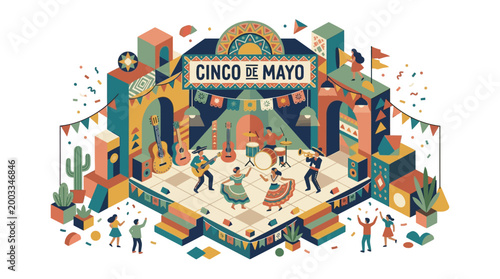 Vibrant Cinco de Mayo Festival Celebration A Colorful Vector Illustration of Traditional Mexican Culture with Mariachi Music and Dancing